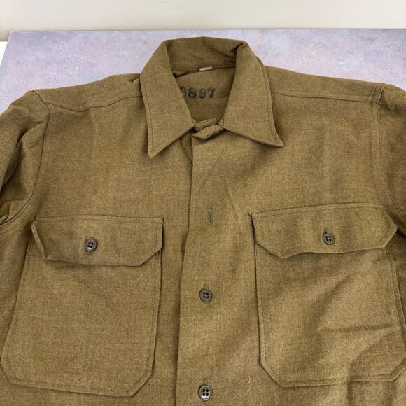 WWII Vtg Wool Shirt US Military Olive Drab Khaki Button Placket Sz 15/32 READ - Picture 3 of 16
